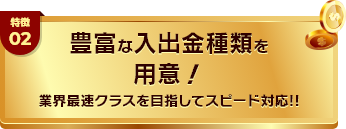 特徴02 豊富な入出金種類を用意！業界最速クラスを目指してスピード対応!!