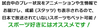 試合中のプレー状況をアニメーションや生情報でお届けし、成績 (スタッツ) も表示されるので、日本で放送されていないスポーツもベット可能！スポーツ好きにはオススメです！