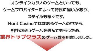 オンラインカジノのゲームといっても、ゲームプロバイダーによって特長に違いがあり、スタイルも様々です。Hunt Casinoでは数あるゲームの中から、相性の良いゲームを選んでもらうため、業界トップクラスのゲーム数を用意しました。