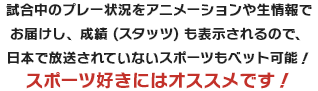 試合中のプレー状況をアニメーションや生情報でお届けし、成績 (スタッツ) も表示されるので、日本で放送されていないスポーツもベット可能！スポーツ好きにはオススメです！